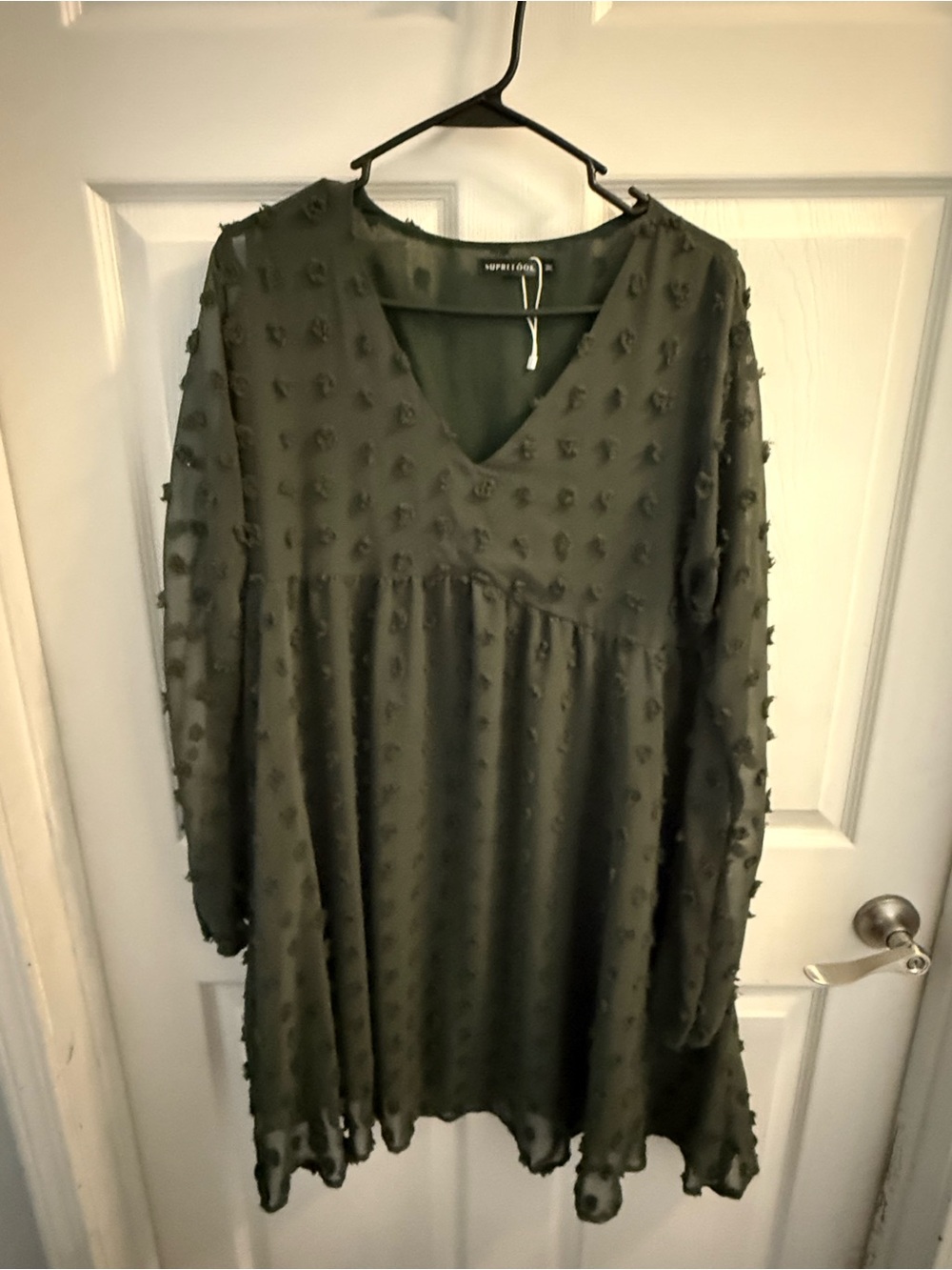 SUPRE Olive Sheer Swiss Dot V-Neck Long Sleeve Babydoll Dress